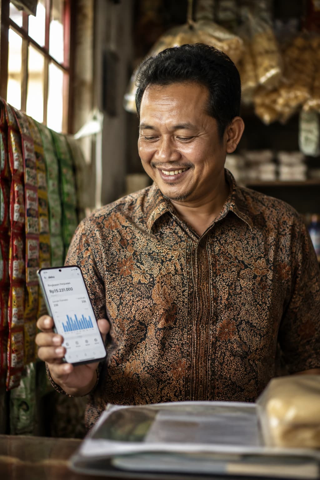 Pemilik toko tersenyum dengan HP